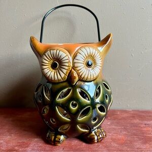 Owl Candle Holder Lantern Farmhouse Rustic Cottagecore Ceramic Home Decor Orange